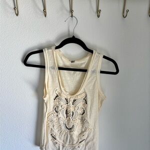 Fossil Embroidered Tank Top Cream Beige Sleeveless Boho Style Size S